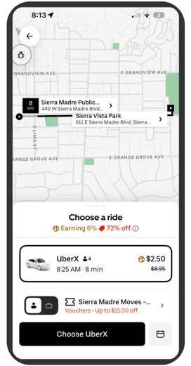 Screenshot of the Uber app displayed on a smartphone showing ride options and map navigation while waiting for pickup.